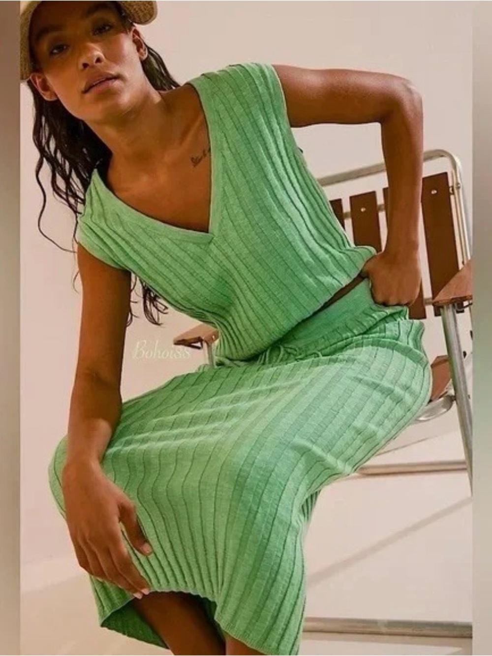 Free People Beach Veda Green Ribbed Knit Two-Piece Set sz S